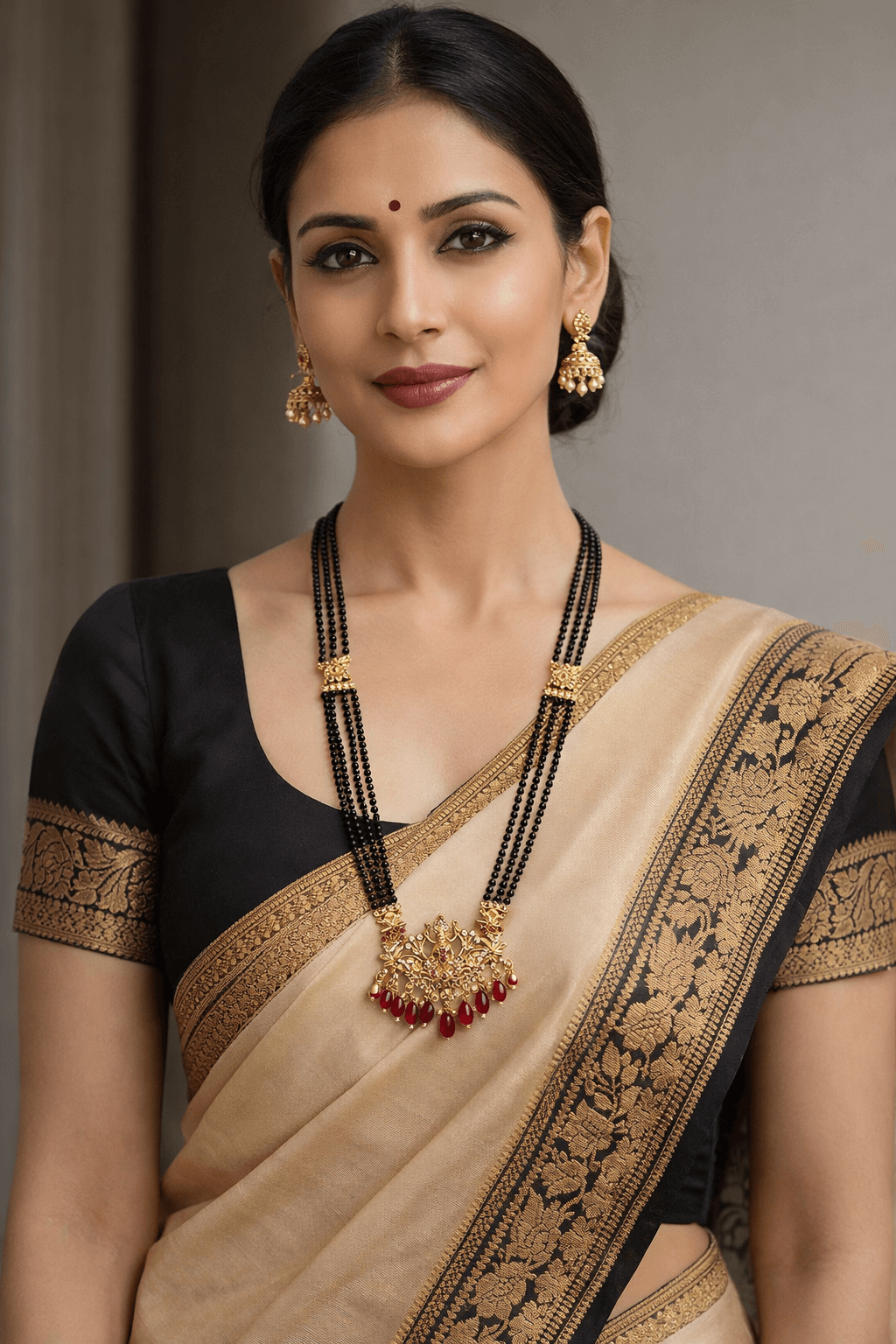 Traditional  Gold Plated Temple Design Black Beads Mangalsutra Necklace Set for Women
