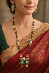 Traditional Green Enamel Gold Plated Square Pendant Long Mangalsutra