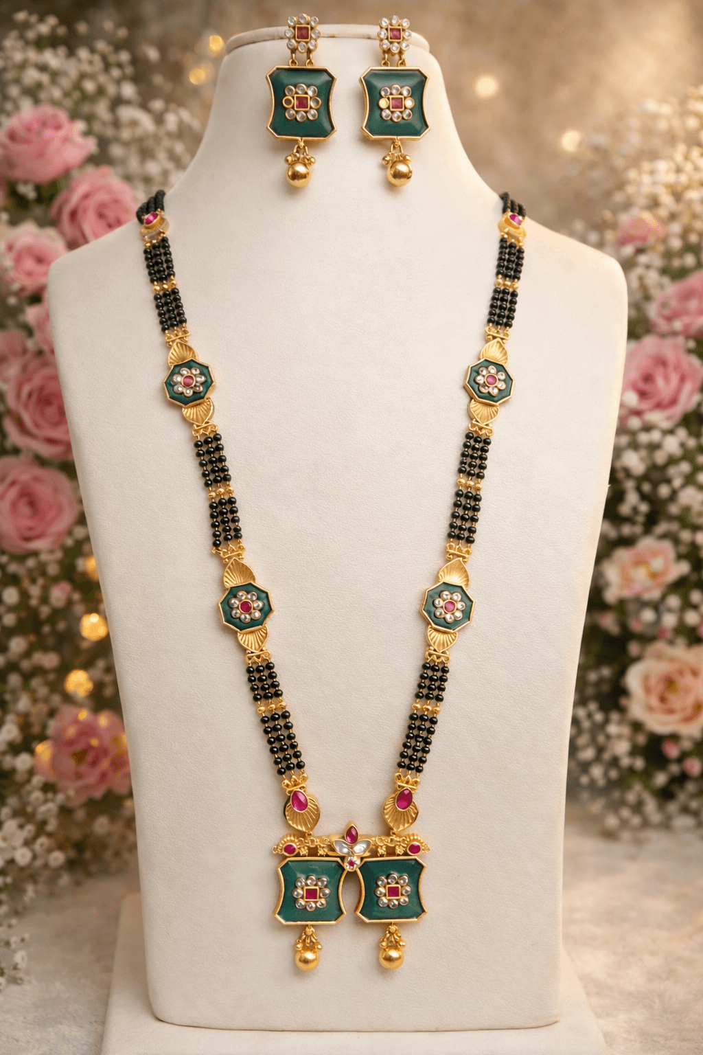Traditional Green Enamel Gold Plated Square Pendant Long Mangalsutra
