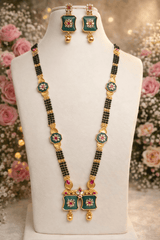 Traditional Green Enamel Gold Plated Square Pendant Long Mangalsutra