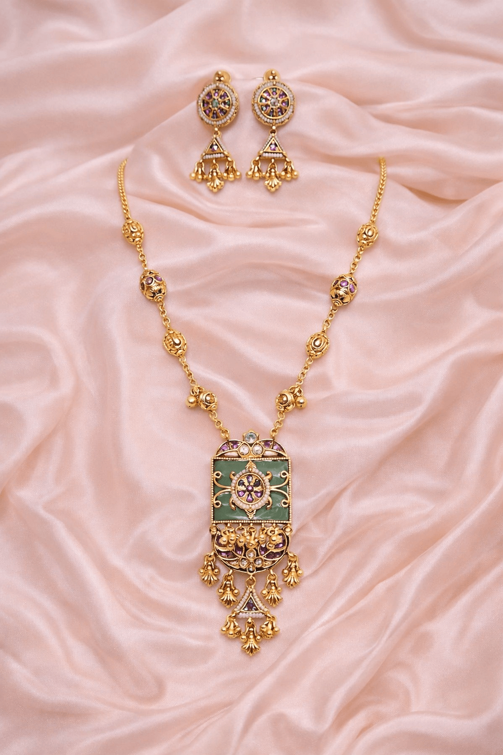 Gold Plated Antique Temple Necklace Set with Green Enamel Square Pendant & Matching Jhumka Earrings for Women