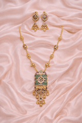 Gold Plated Antique Temple Necklace Set with Green Enamel Square Pendant & Matching Jhumka Earrings for Women