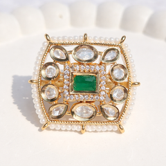 Antique Gold Green Polki Square Adjustable Ring