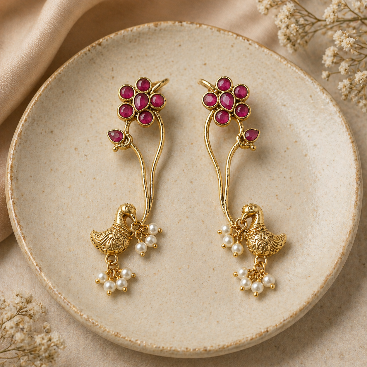 Peacock Grace Floral Gold Plated Earcuff