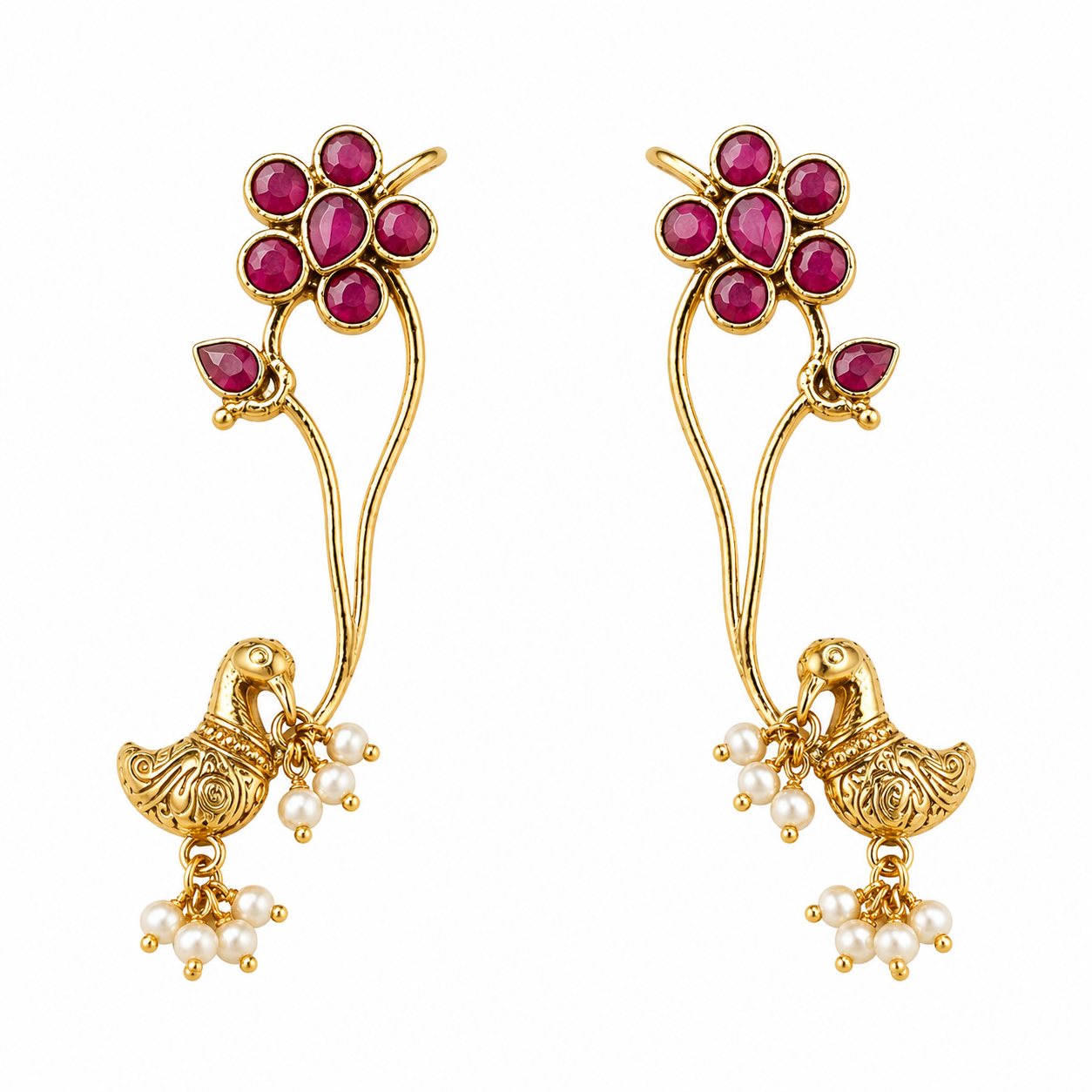 Peacock Grace Floral Gold Plated Earcuff