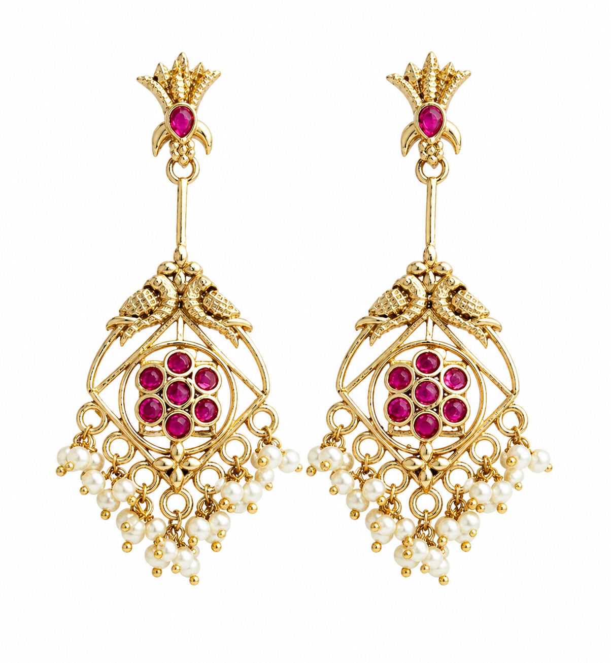 Royal Bird Motif Pearl Drop Gold Plated Earrings