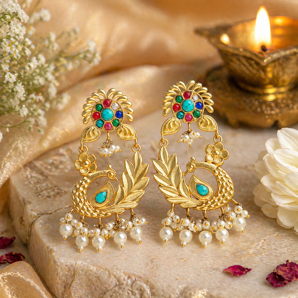 Royal Peacock Multicolor Pearl, Gold Plated Earrings