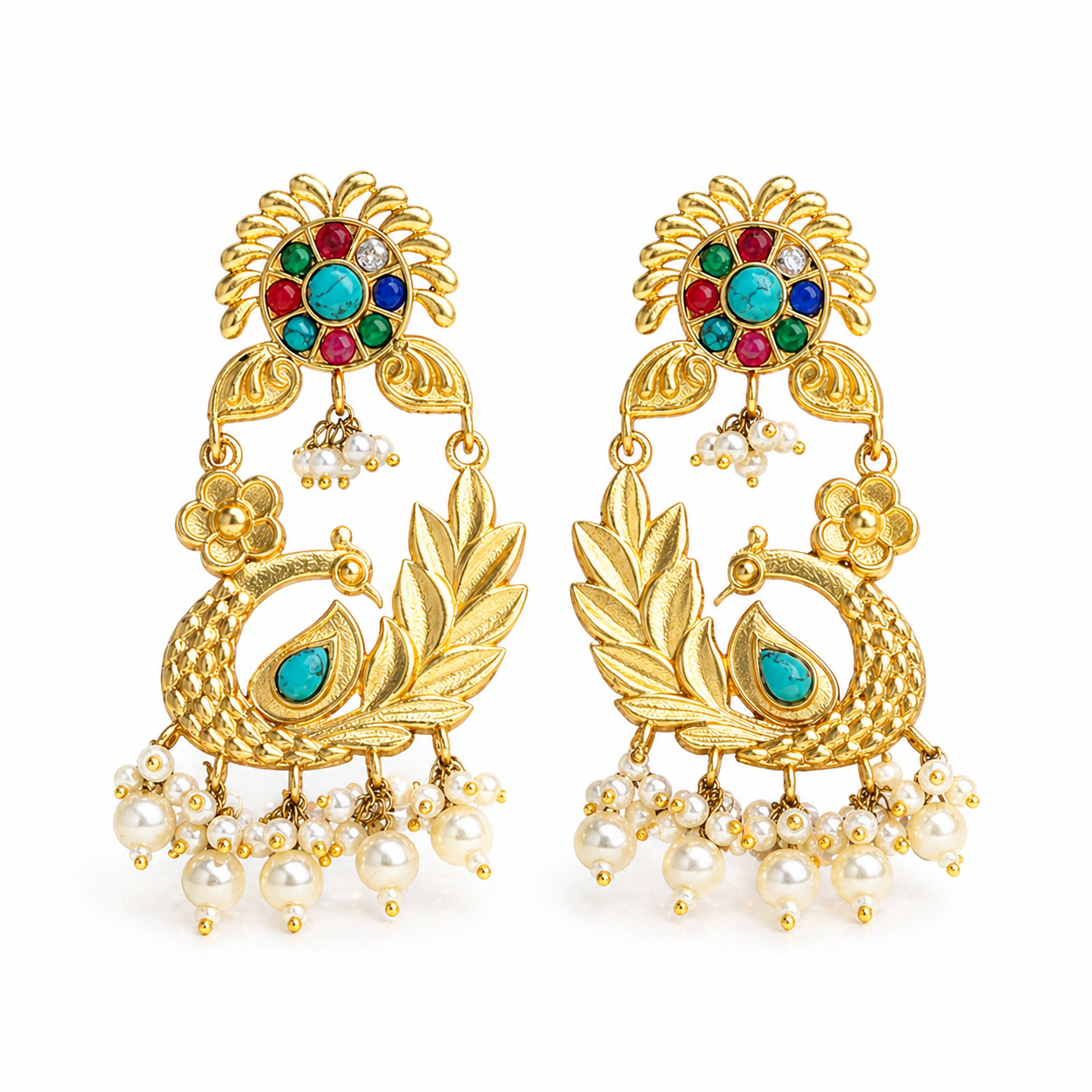 Royal Peacock Multicolor Pearl, Gold Plated Earrings