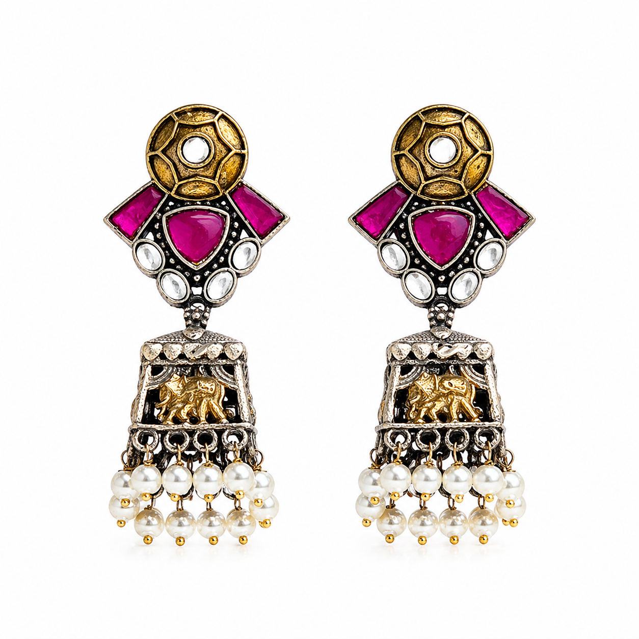 Heritage Elephant Dual Tone Temple Earrings