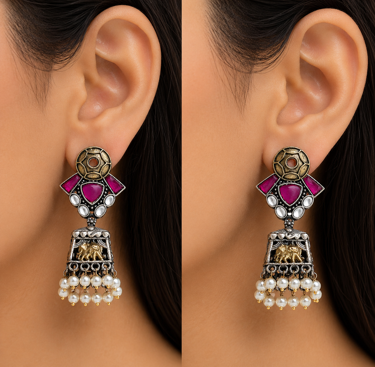 Heritage Elephant Dual Tone Temple Earrings