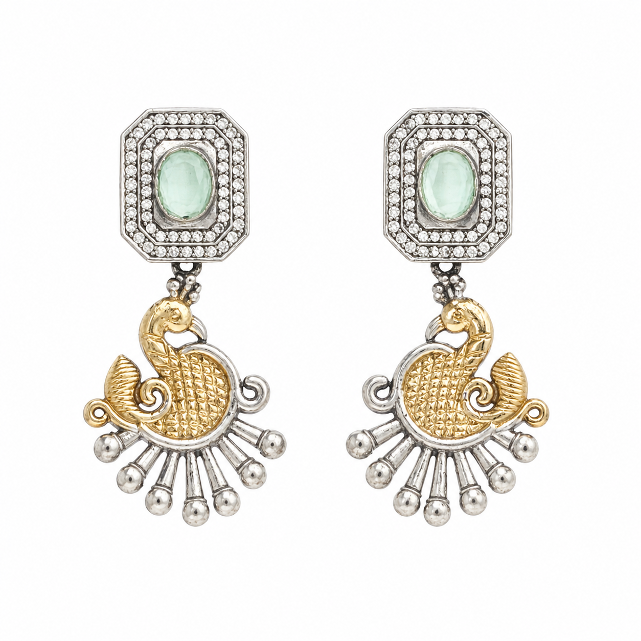 Mint Glow Peacock Dual Tone Statement Earrings