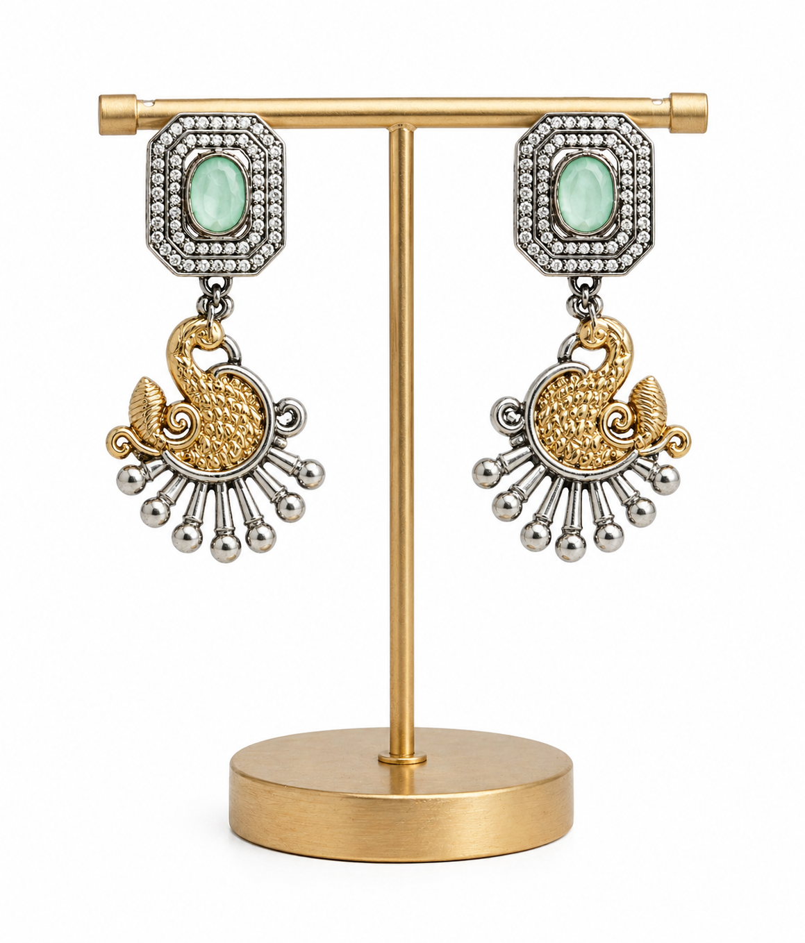 Mint Glow Peacock Dual Tone Statement Earrings