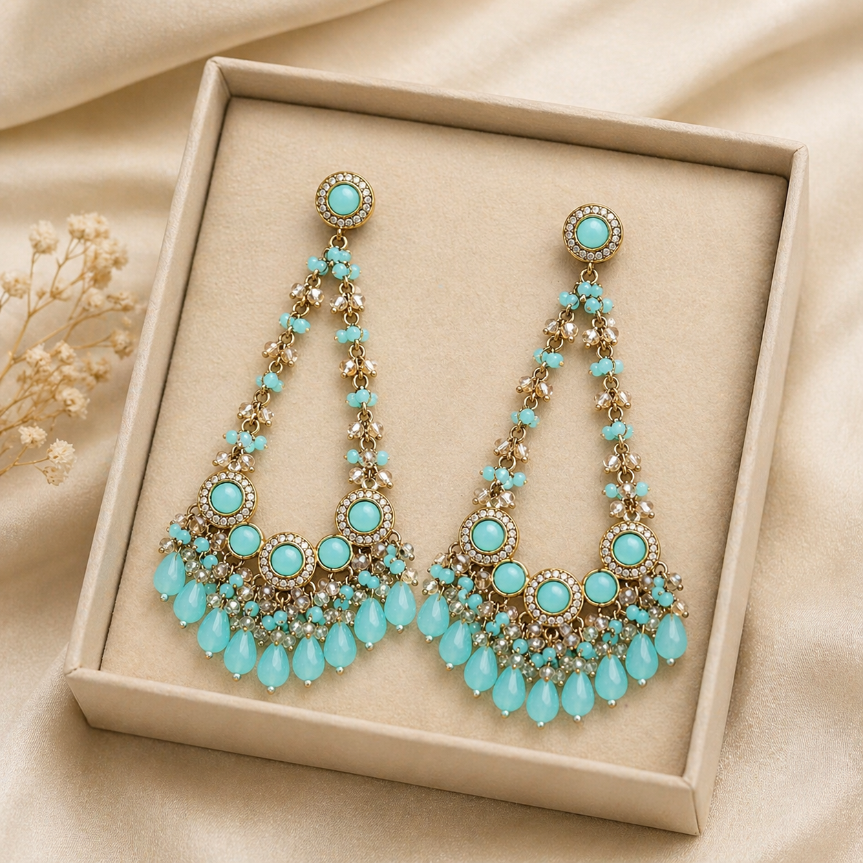 Aqua Pearl Drop Chandelier Earrings