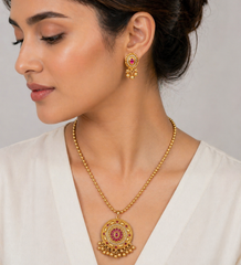 Gold Plated Temple Style Red Stone Pendant Necklace Set with Earrings