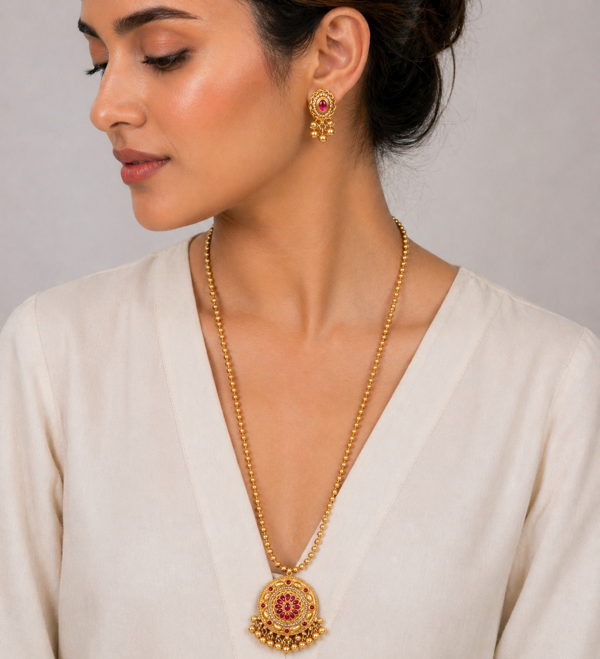 Gold Plated Temple Style Red Stone Pendant Necklace Set with Earrings