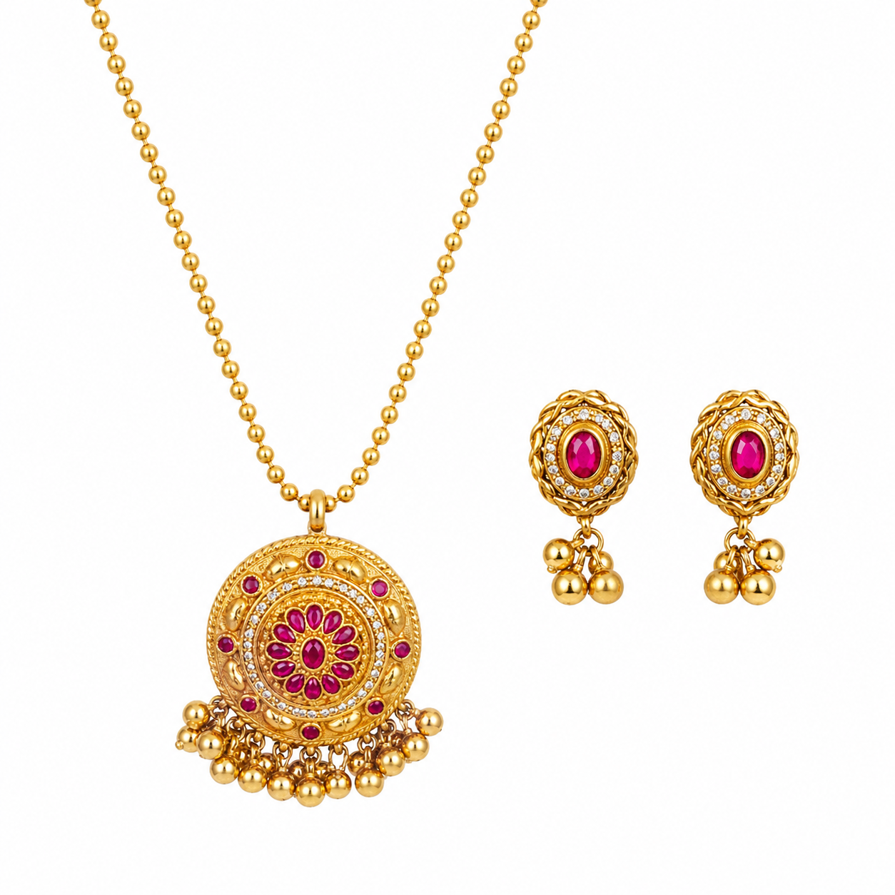 Gold Plated Temple Style Red Stone Pendant Necklace Set with Earrings