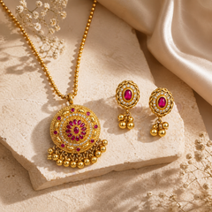 Gold Plated Temple Style Red Stone Pendant Necklace Set with Earrings