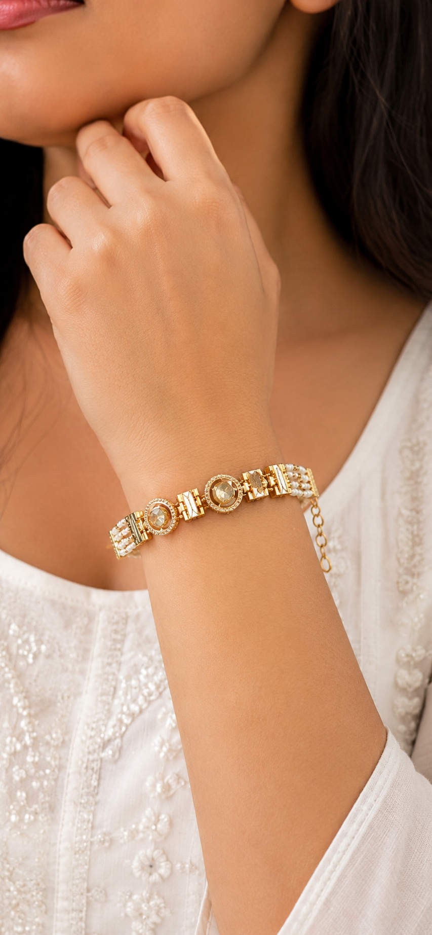 Pearl Beaded Kundan Statement Bracelet for Women