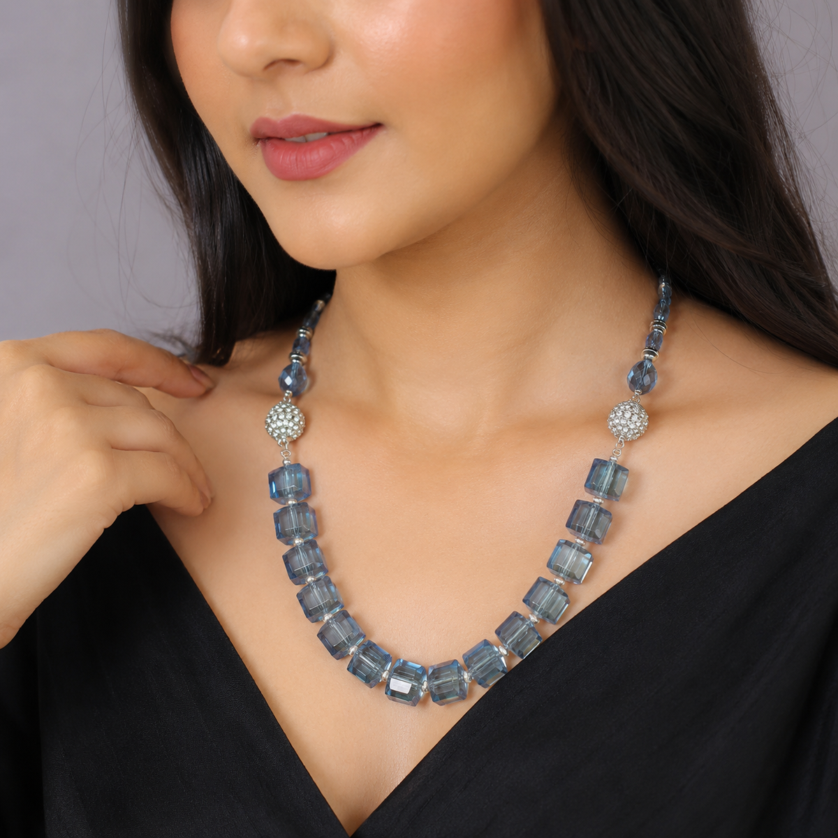 Blue Crystal Beaded Necklace Cum Bracelet Set for Women Elegant Silver-Tone Designer Jewellery Set for Party Wedding Festive Wear