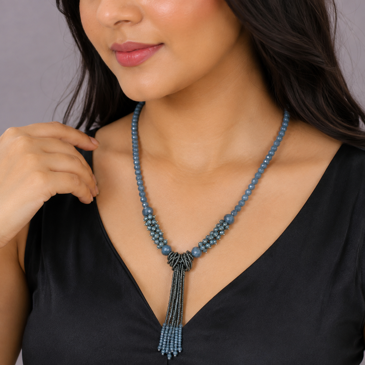 Blue Crystal Beaded Long Tassel Necklace for Women Designer Statement Jewellery