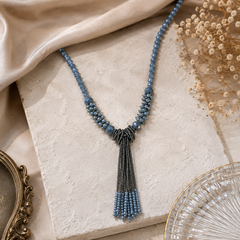 Blue Crystal Beaded Long Tassel Necklace for Women Designer Statement Jewellery