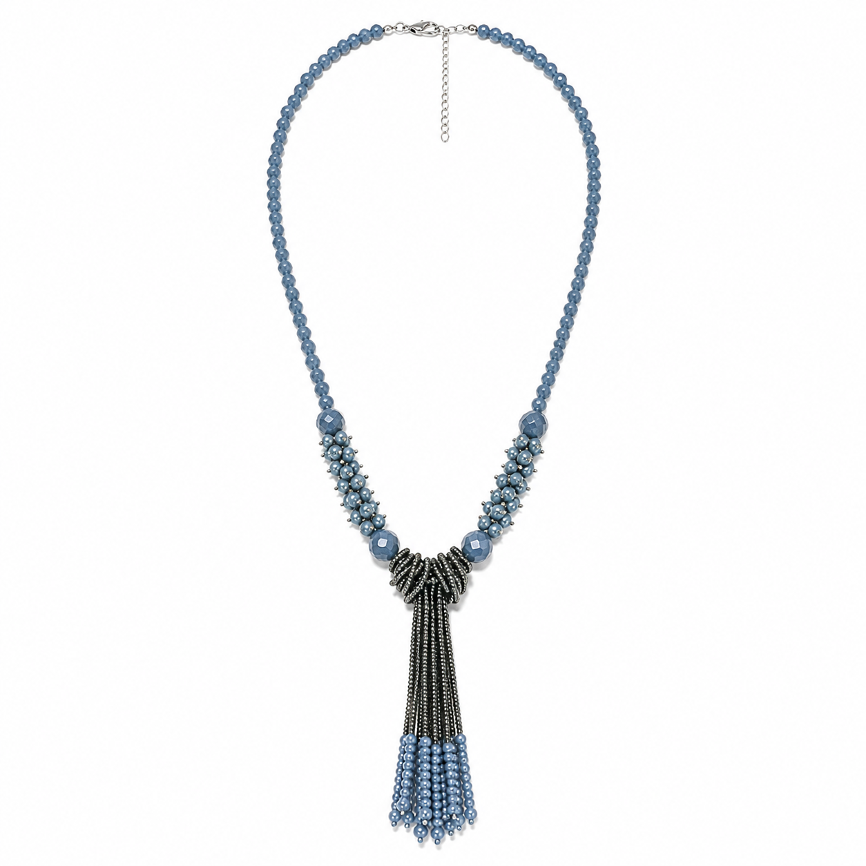 Blue Crystal Beaded Long Tassel Necklace for Women Designer Statement Jewellery