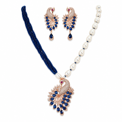 Peacock Blue Crystal & Pearl Necklace Set for Women Designer Statement Necklace with Matching Earrings