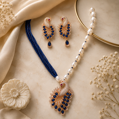 Peacock Blue Crystal & Pearl Necklace Set for Women Designer Statement Necklace with Matching Earrings