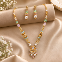 Floral Pearl Pendant Necklace Set for Women Pastel Beads & Matching Earrings