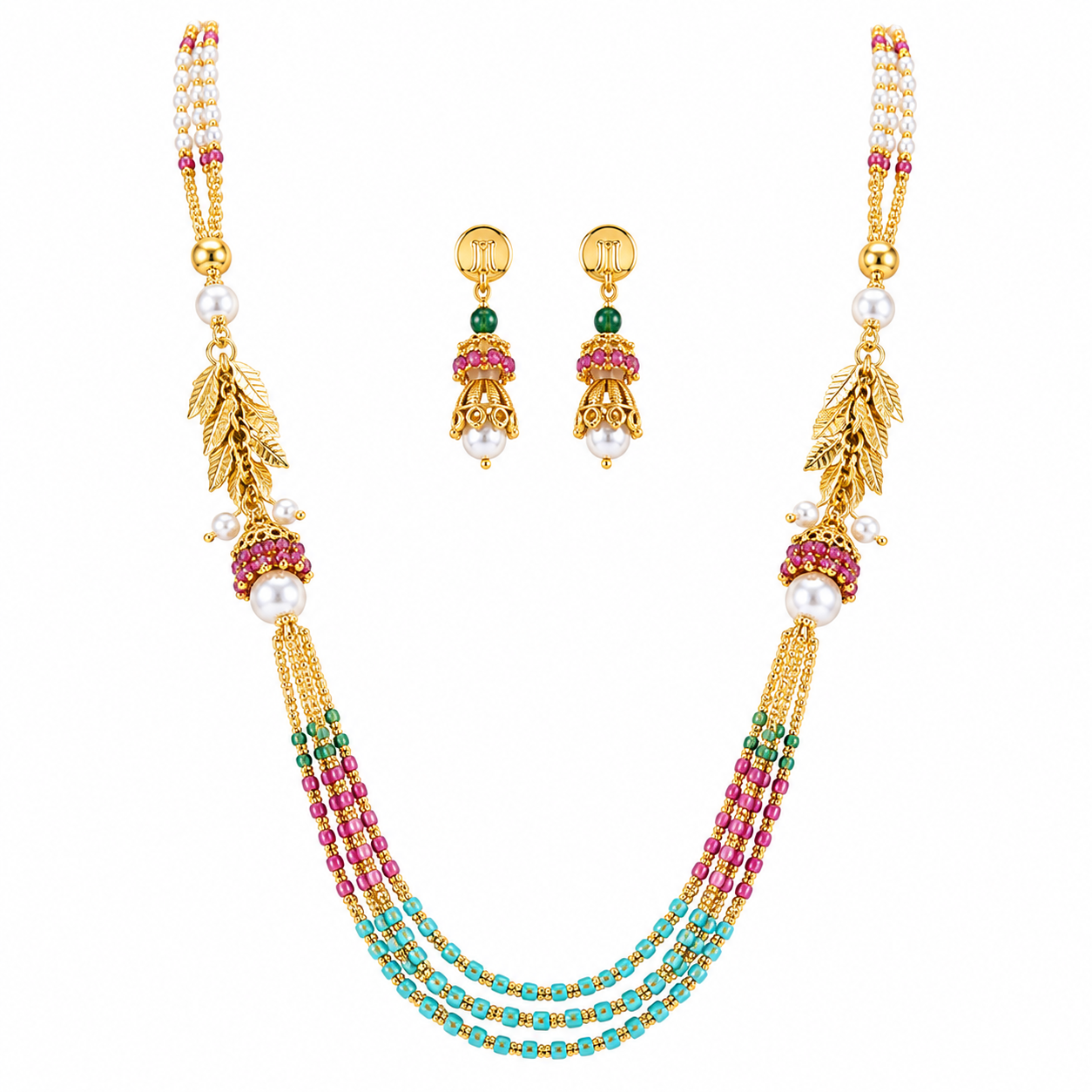 Multicolor Beaded Pearl Necklace Set for Women  Leaf Motif Designer Necklace with Matching Earrings