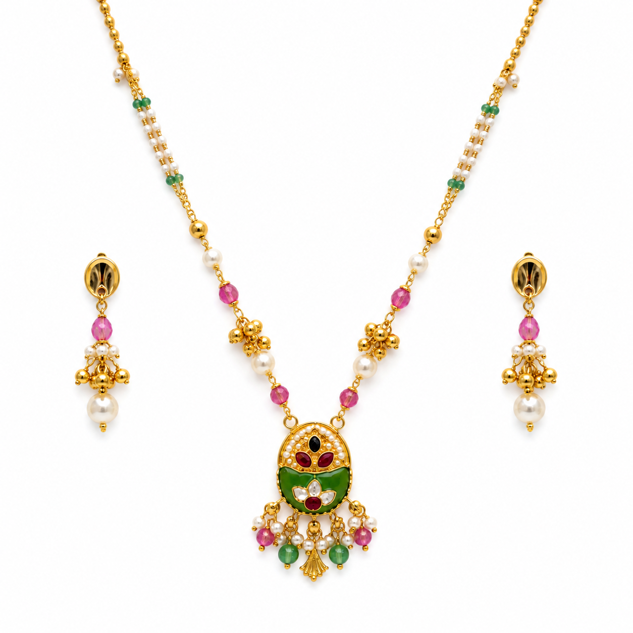 Traditional Multicolor Pearl Beaded Pendant Necklace Set for Women
