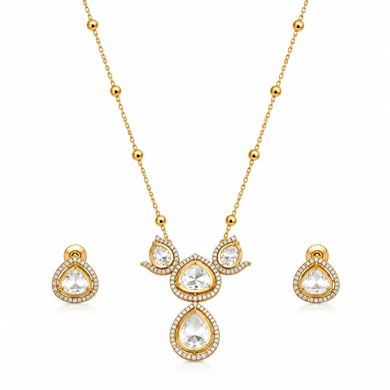 Kundan Teardrop Pendant Necklace Set for Women Gold Plated Floral Crystal Necklace with Matching Earrings