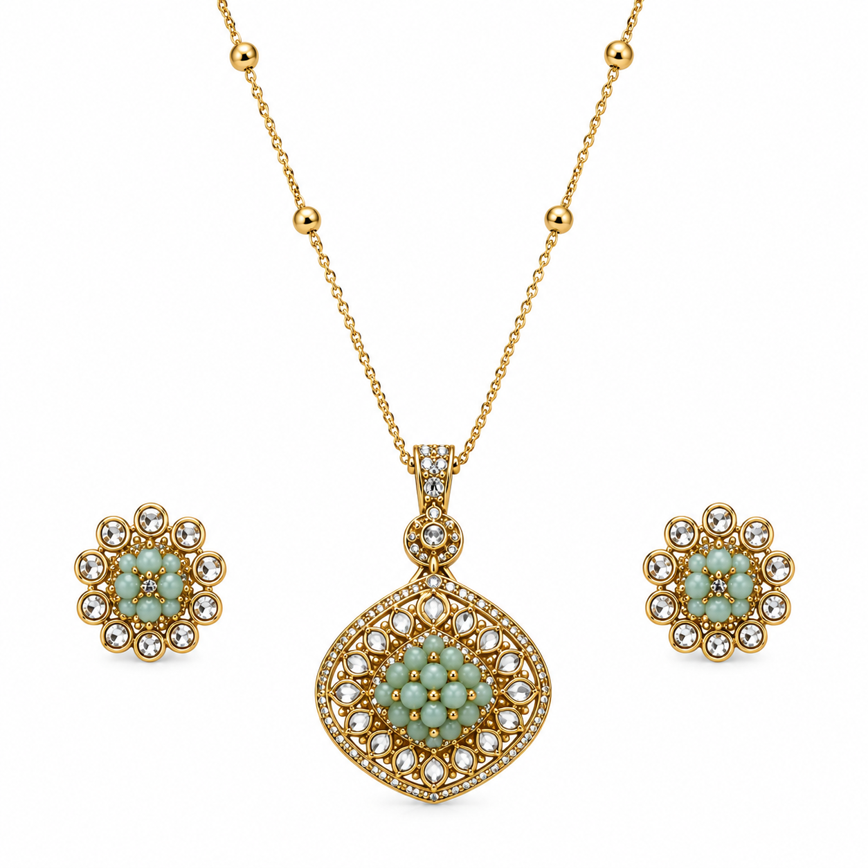 Turquoise Crystal Pendant Necklace Set for Women Gold Plated Vintage Statement Pendant with Matching Stud Earrings