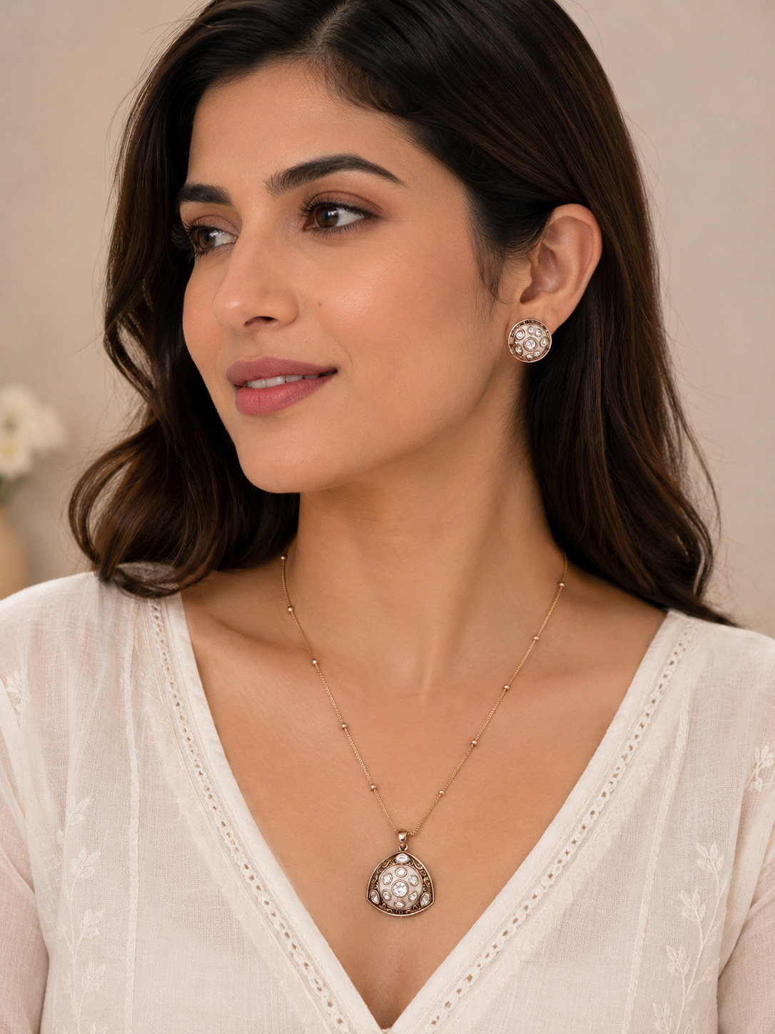 Mother of Pearl Kundan Pendant Necklace Set for Women | Gold Plated Geometric Pendant with Matching Stud Earrings