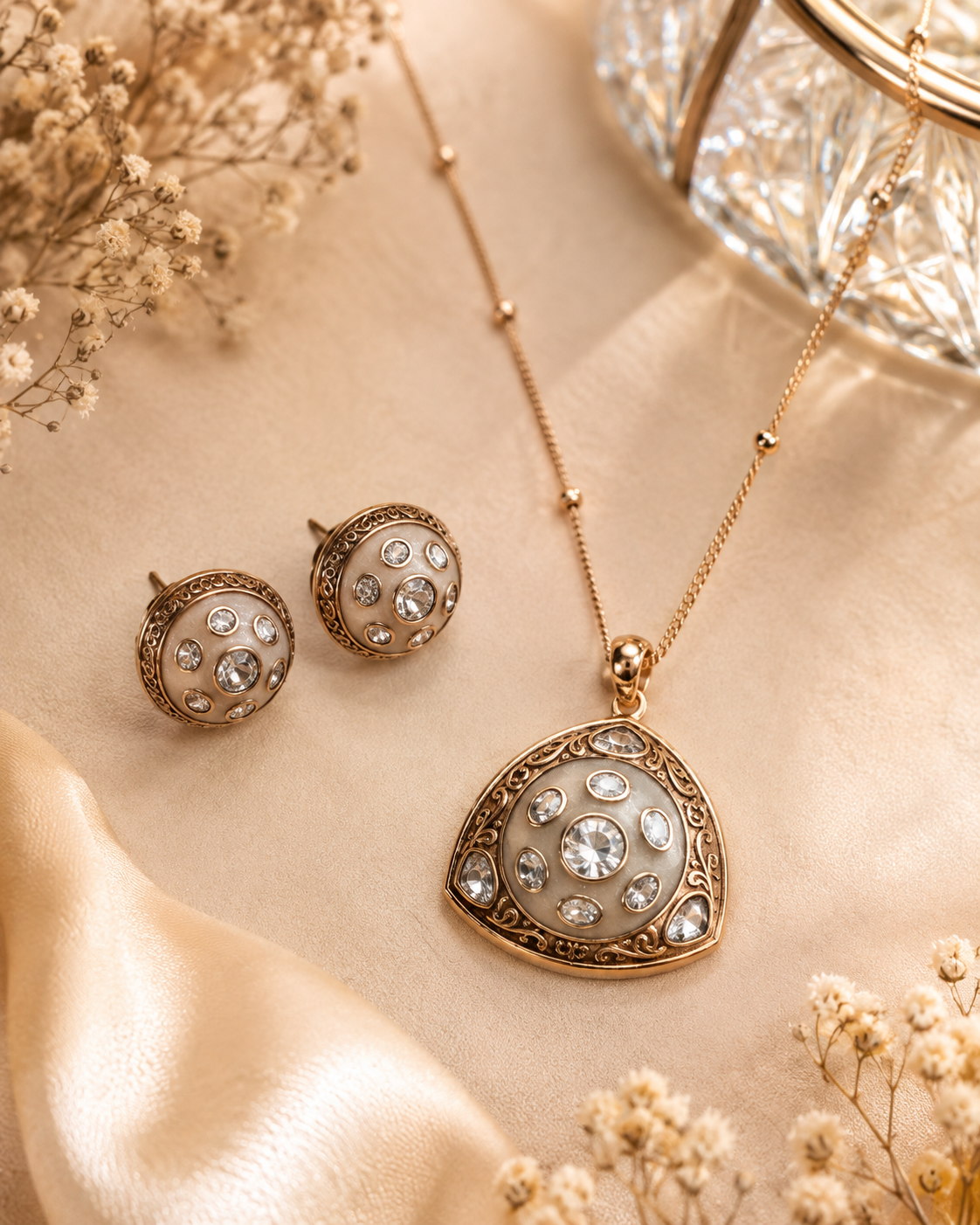 Mother of Pearl Kundan Pendant Necklace Set for Women | Gold Plated Geometric Pendant with Matching Stud Earrings