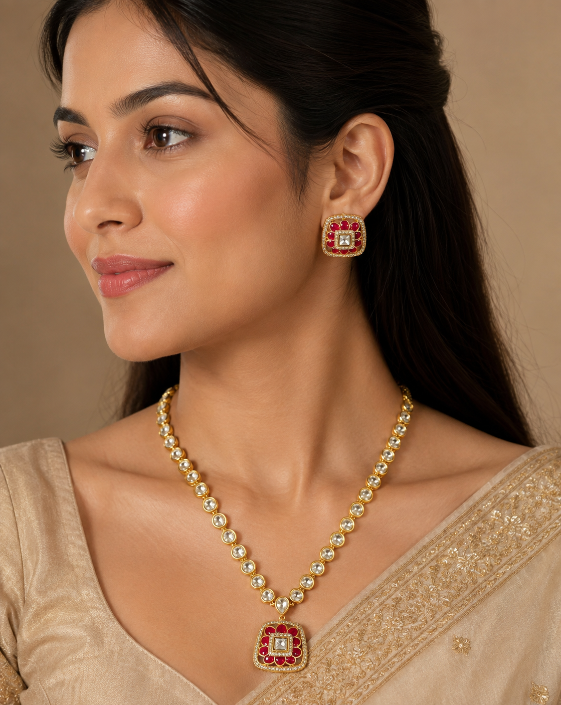 Gold Plated Kundan Pendant Necklace Set with Matching Stud Earrings