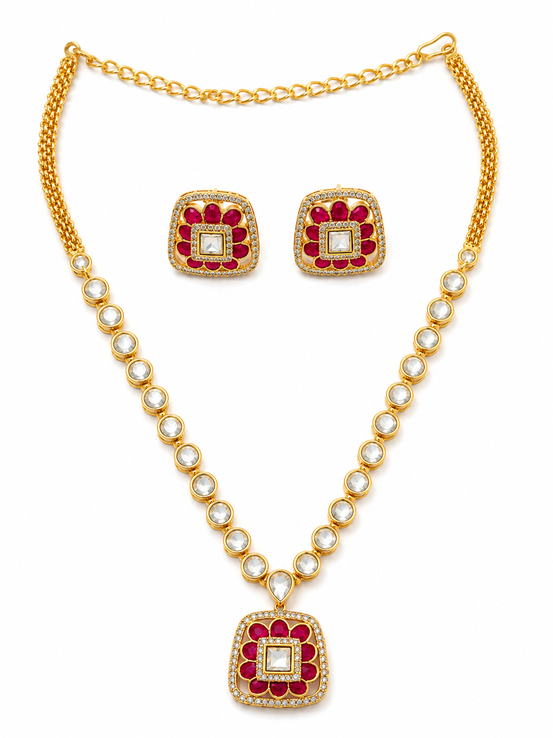 Gold Plated Kundan Pendant Necklace Set with Matching Stud Earrings