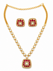 Gold Plated Kundan Pendant Necklace Set with Matching Stud Earrings
