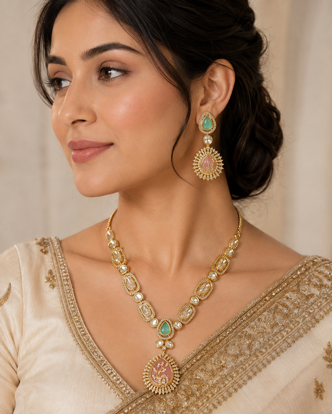 Green Stone Kundan Pendant Necklace Set with Statement Earrings