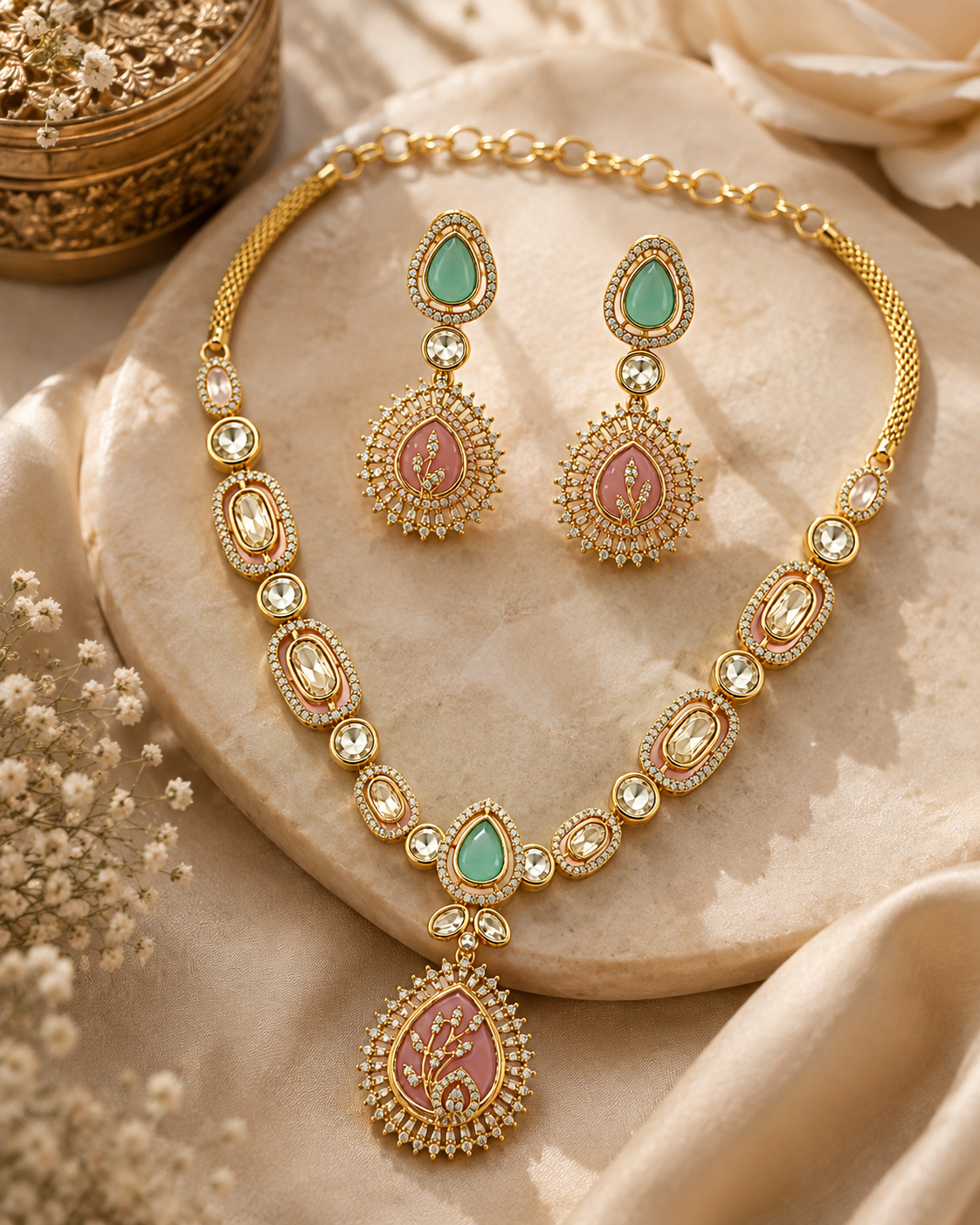 Green Stone Kundan Pendant Necklace Set with Statement Earrings