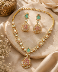 Green Stone Kundan Pendant Necklace Set with Statement Earrings