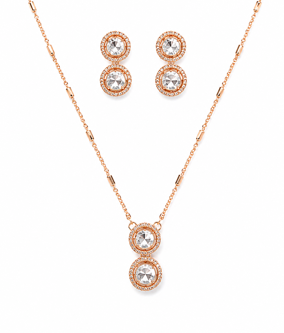 Gold Plated Double Drop Crystal Pendant Necklace Set for Women Elegant Chain Necklace with Matching Earrings
