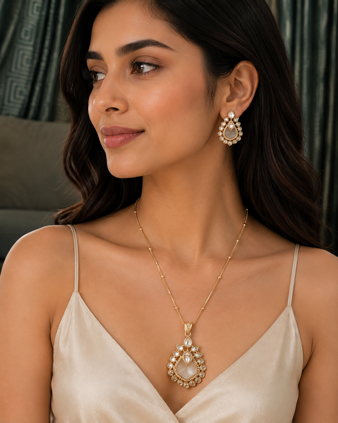 Mother of Pearl Kundan Pendant Necklace Set for Women Gold Plated Floral Statement Pendant with Matching Earrings