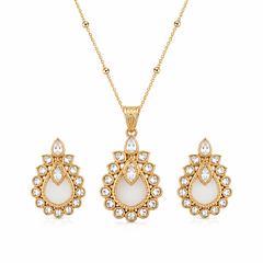 Mother of Pearl Kundan Pendant Necklace Set for Women Gold Plated Floral Statement Pendant with Matching Earrings