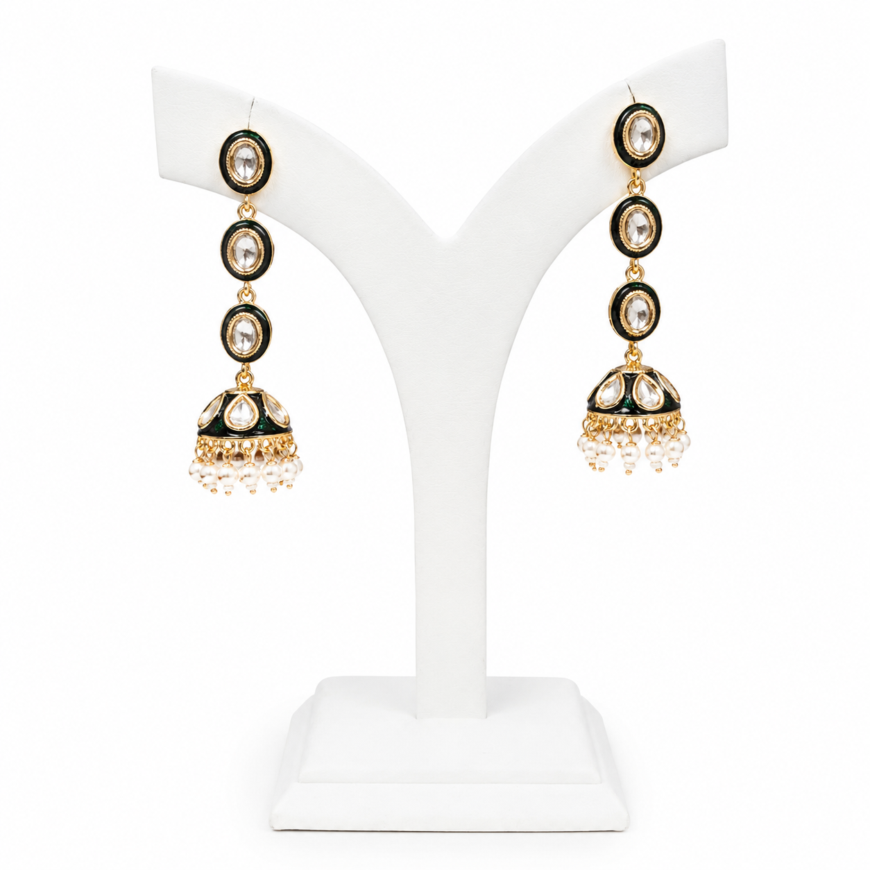 Gold Plated Green Meenakari Kundan Jhumka Earrings for Women Pearl Drop Long Ethnic Dangler Earrings