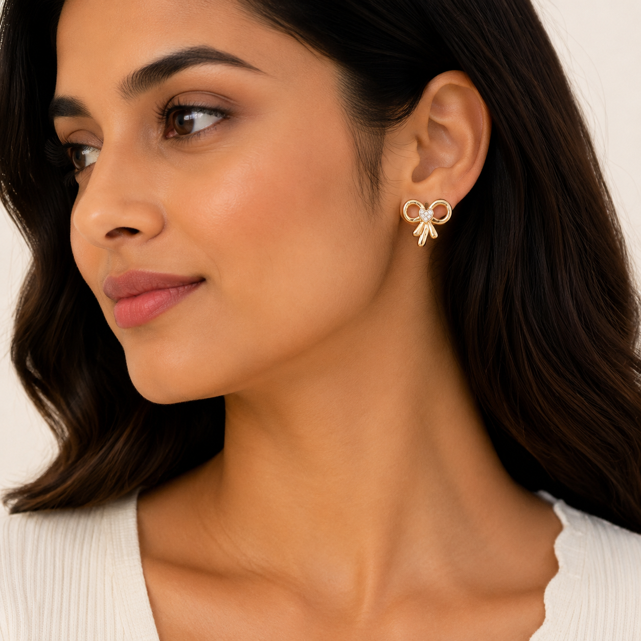 Gold Plated Crystal Heart Bow Stud Earrings for Women & Girls Cute Ribbon Design Earrings