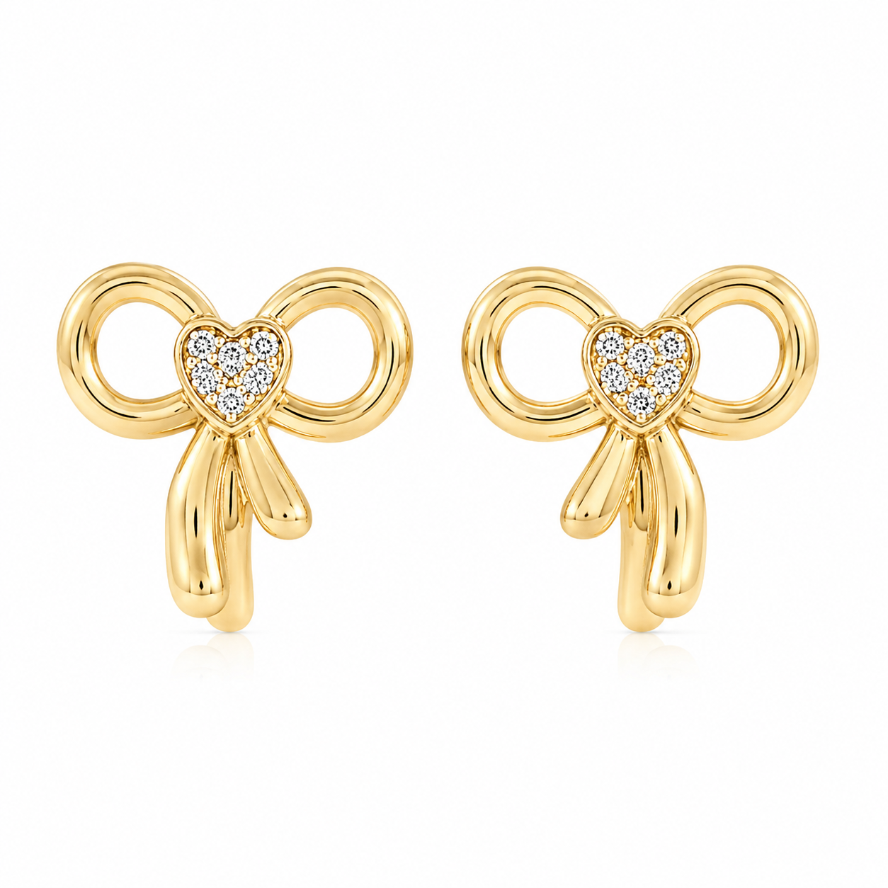 Gold Plated Crystal Heart Bow Stud Earrings for Women & Girls Cute Ribbon Design Earrings