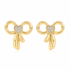 Gold Plated Crystal Heart Bow Stud Earrings for Women & Girls Cute Ribbon Design Earrings