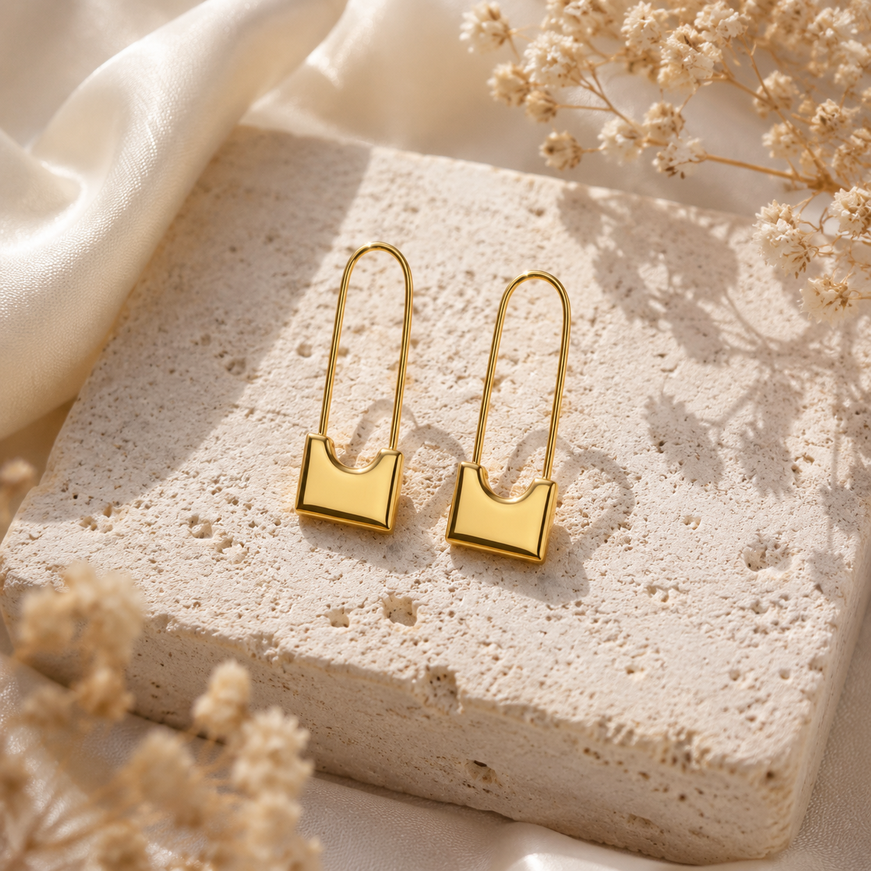 Gold Plated Minimalist Safety Pin Drop Earrings for Women & Girls Geometric Statement Earrings