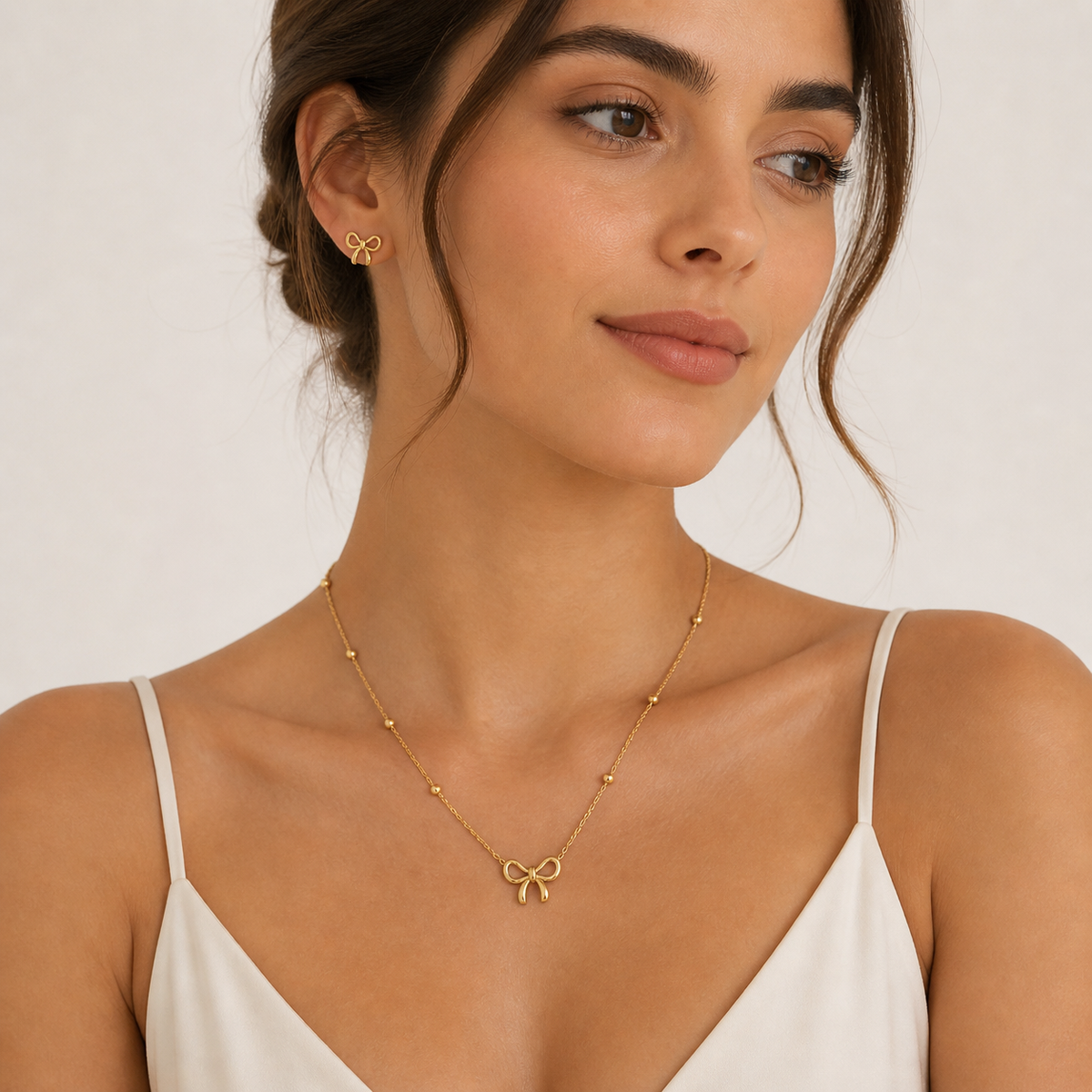 18K gold plated Cute Bow Necklace & Stud Set